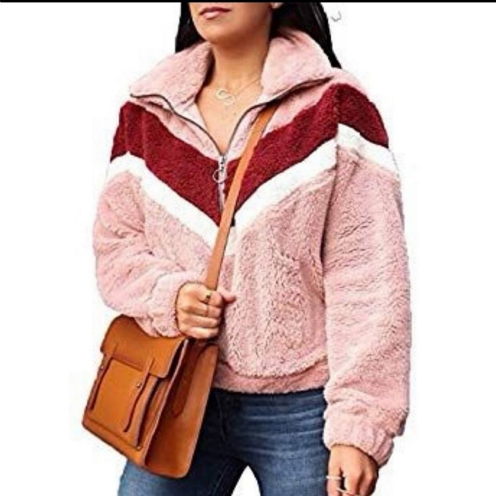 Forgotten Grace Faux Fur Chevron 1/2-Zip Pullover Fleece Jacket M